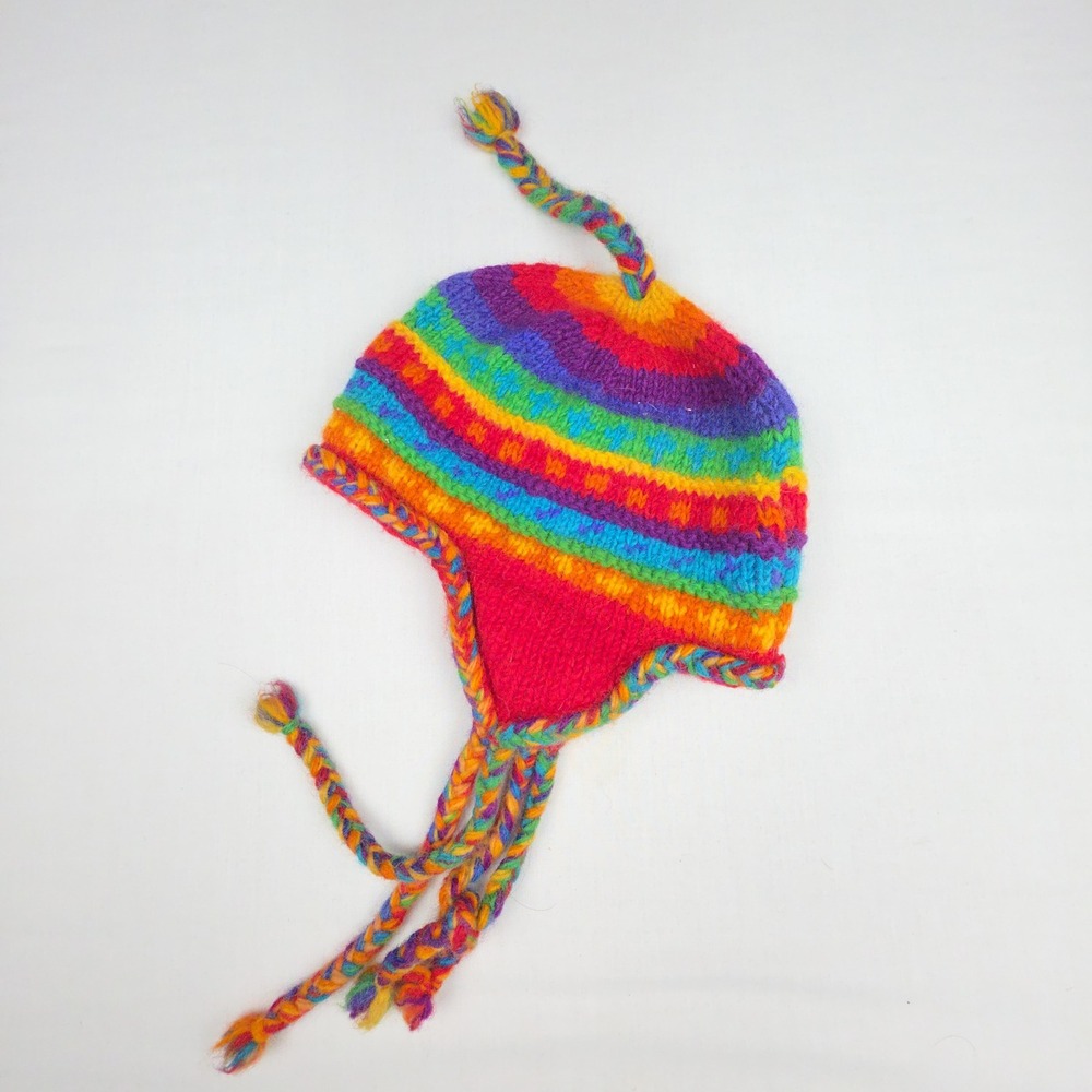 Rainbow Striped Earflap Chullo Hat Nepal Wool Fleece Lined Unbranded Boho VTG
